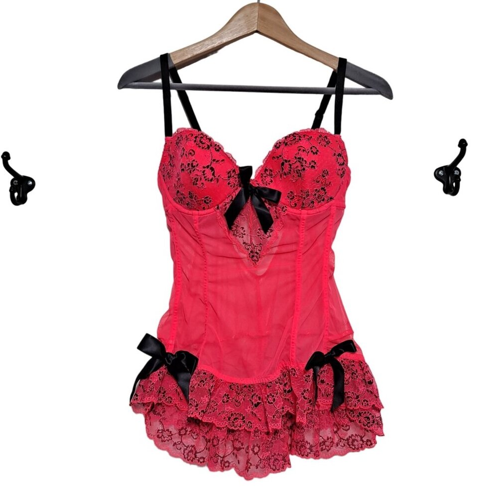 Victoria Secret Lingerie 34D Corset Bow Ruffles Underwire Bustier Sexy Hot Pink